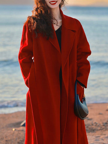 Airchics manteau en laine longue avec poches ceinture femme élégant oversized rouge